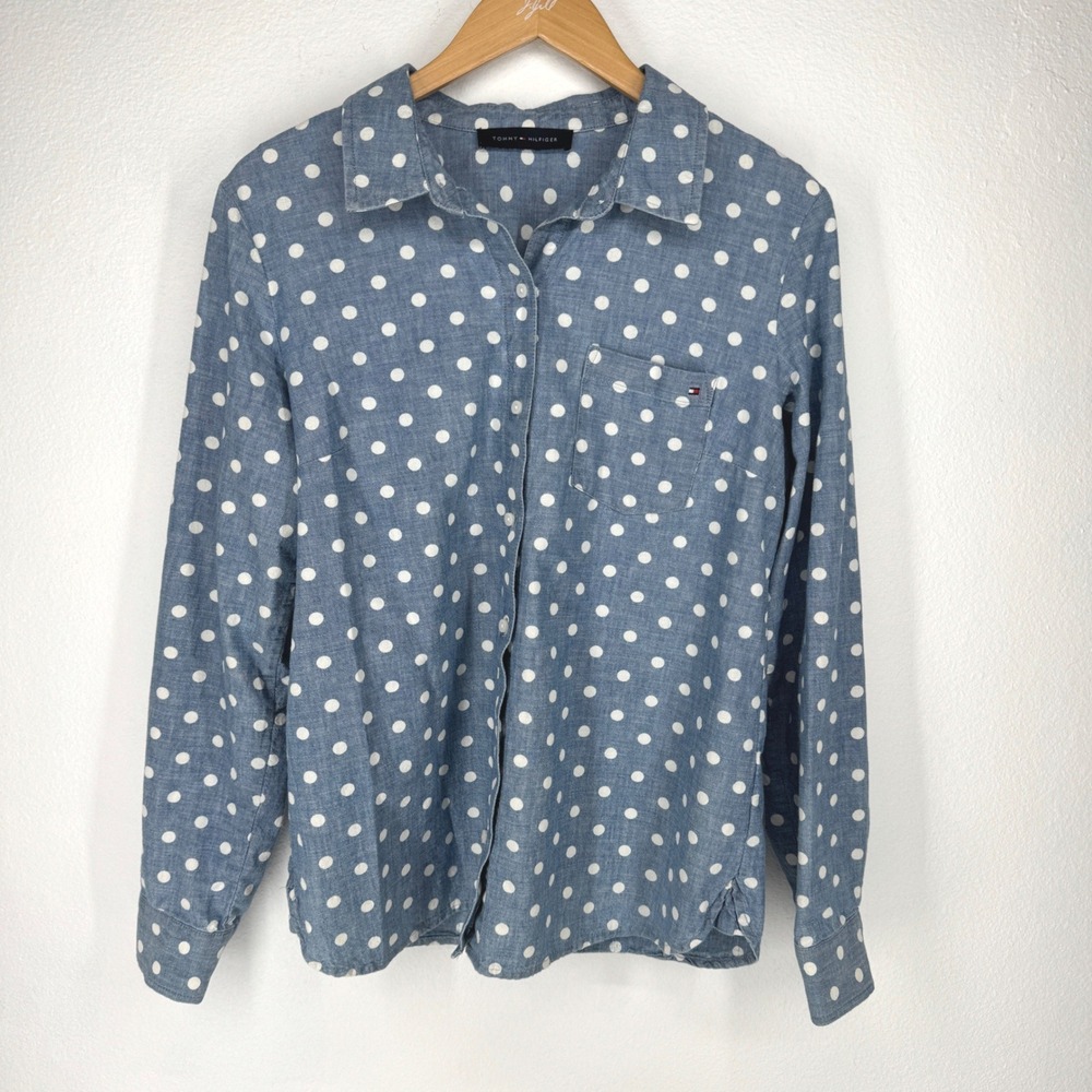 Tommy Hilfiger Women Chambrary Oxford Polka Dot Long Sleeve Button Shirt‎ Top L